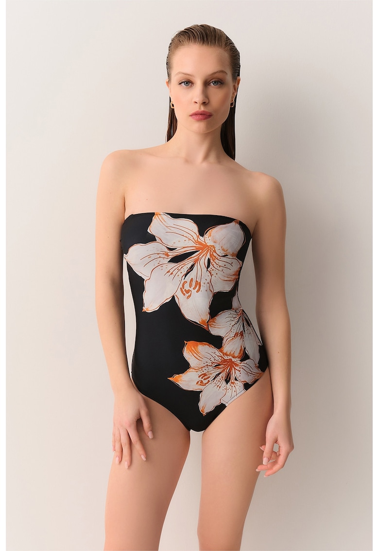 Costum de baie intreg cu imprimeu floral - Negru/Portocaliu/Roz pal