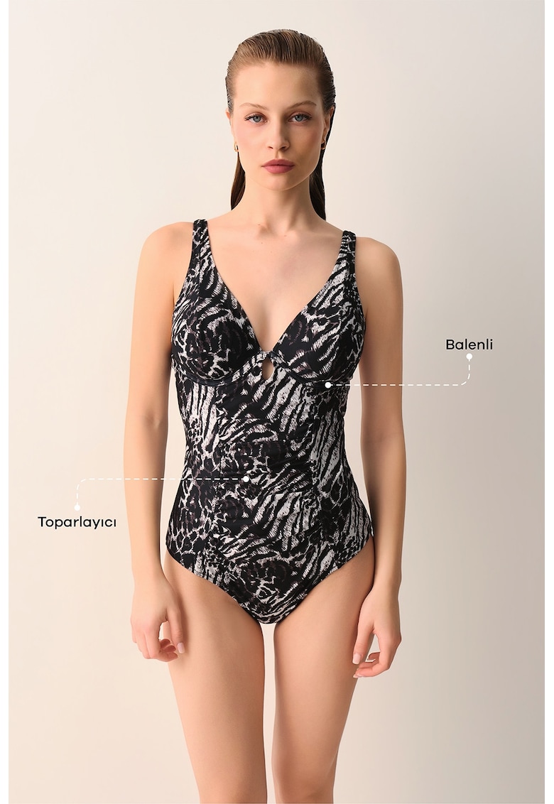 Costum de baie intreg cu model - Alb/Negru/Violet prafuit