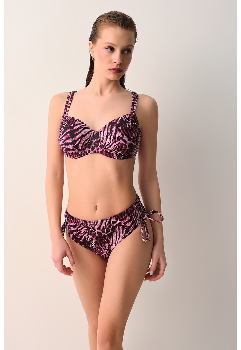 Sutien de baie cu cupe balconette si model animal print - Alb/Negru/Roz