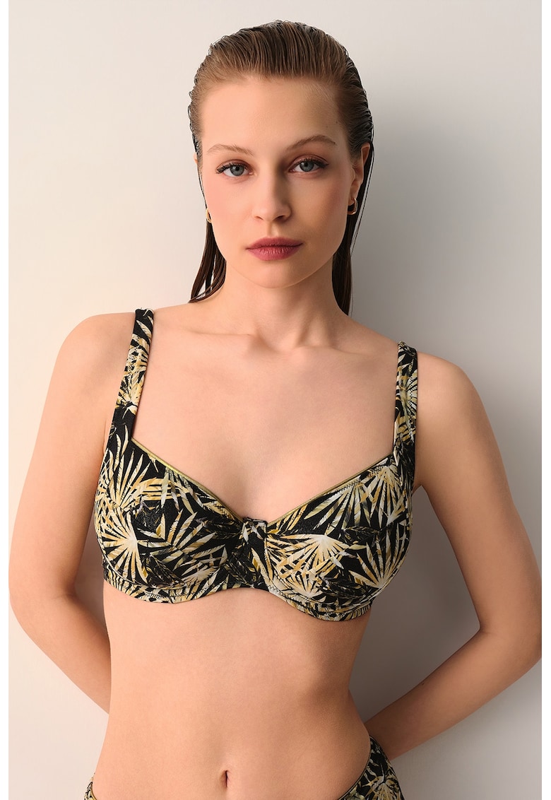 Sutien de baie cu cupe balconette si imprimeu tropical - Negru/Bej/Verde masliniu