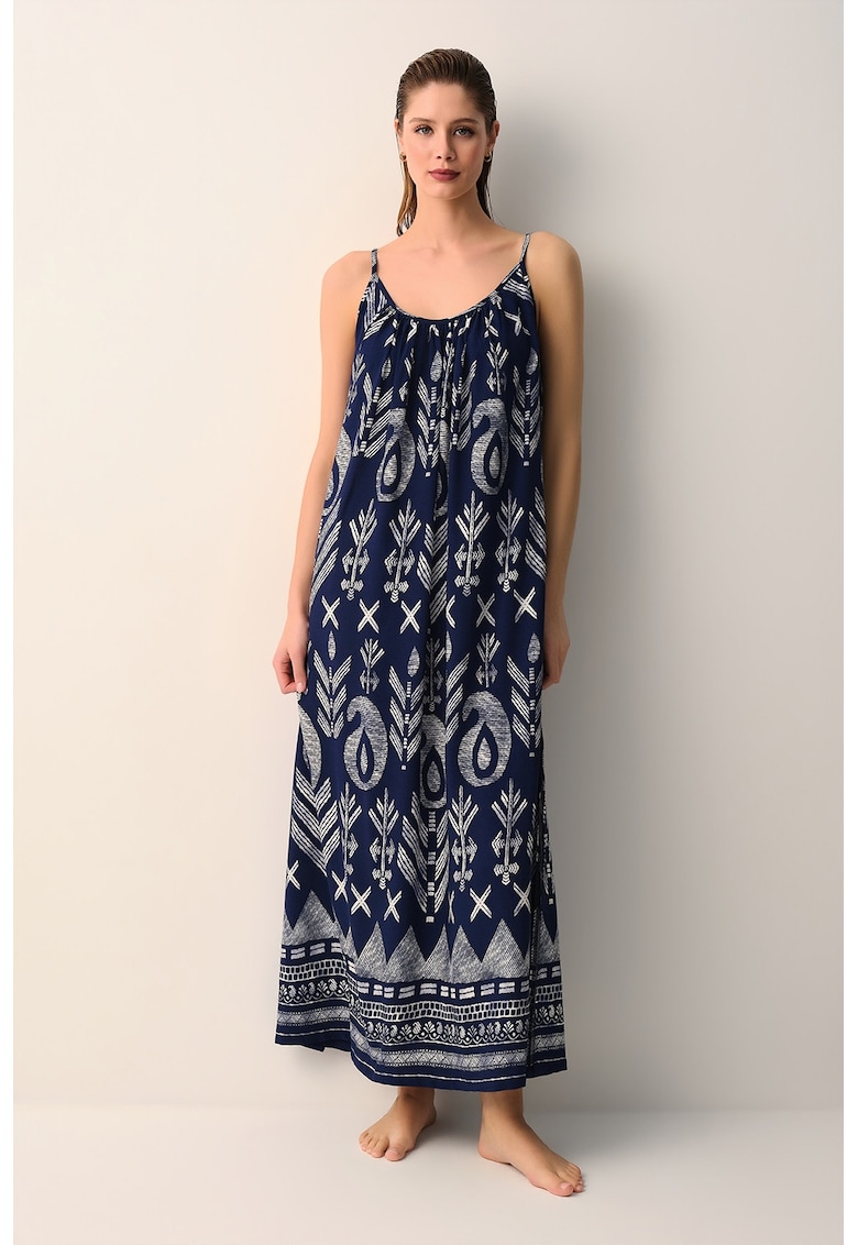 Rochie lunga lejera cu model - Alb/Bleumarin