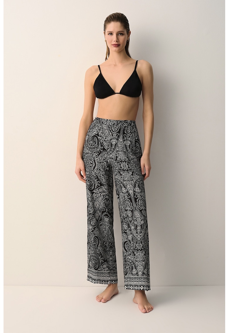 Pantaloni relaxed fit cu model paisley pentru plaja - Alb/Negru