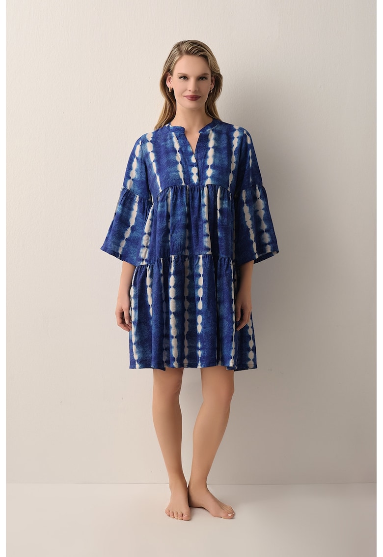 Rochie scurta cu model si maneci 3/4 - Alb/Albastru royal
