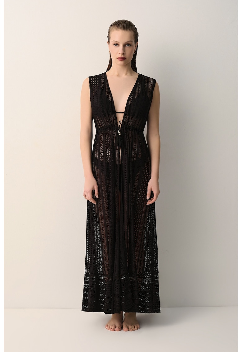 Rochie din dantela cu snururi laterale Adriana - Negru