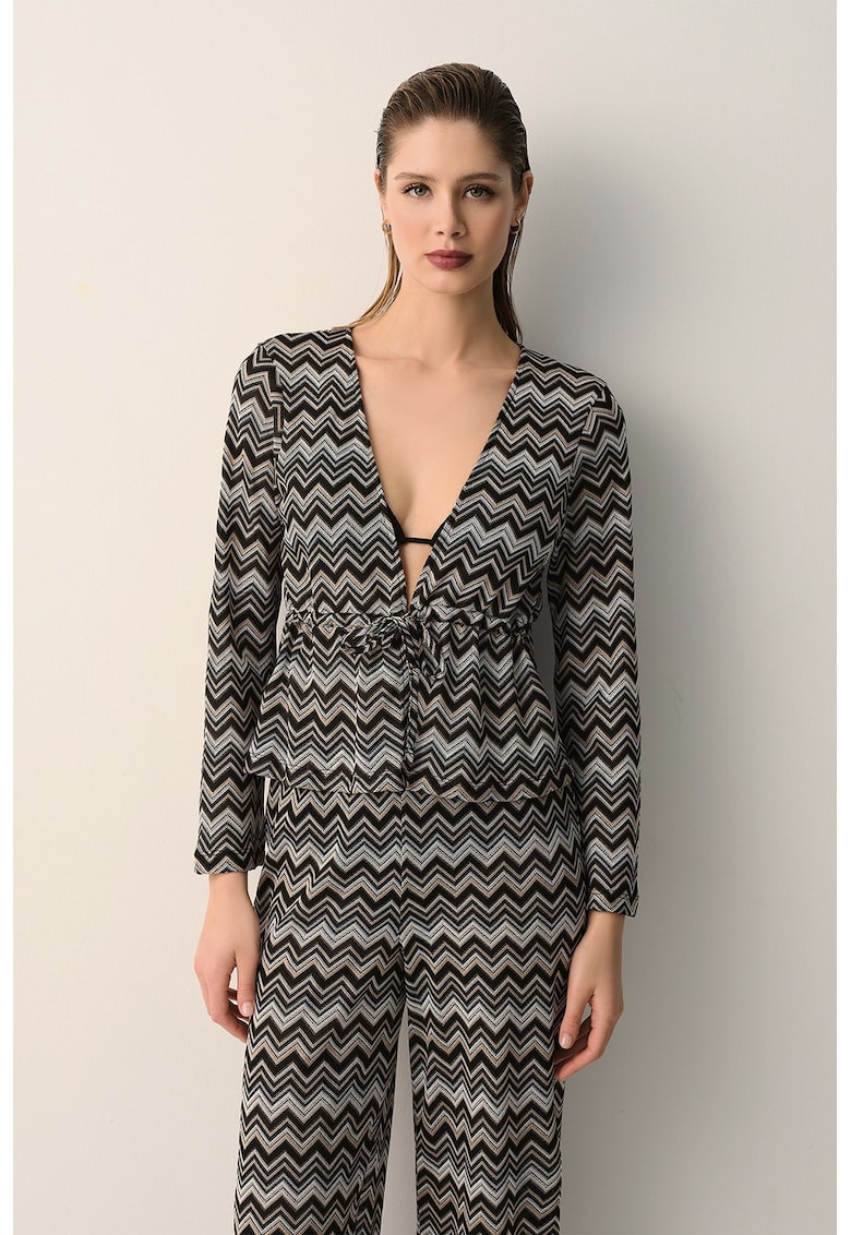 Bluza cu decolteu in V si model in dungi - Negru/Maro nisip/Albastru glaciar