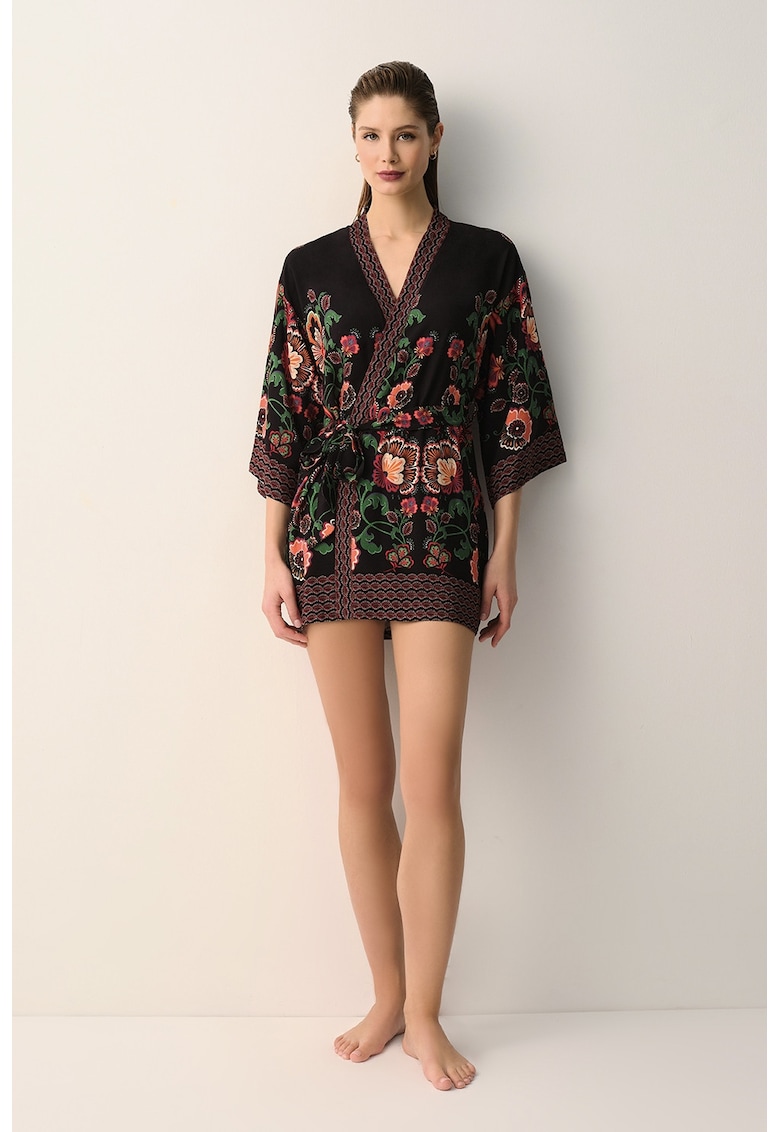 Chimono cu model floral pentru plaja - Rosu/Verde/Negru