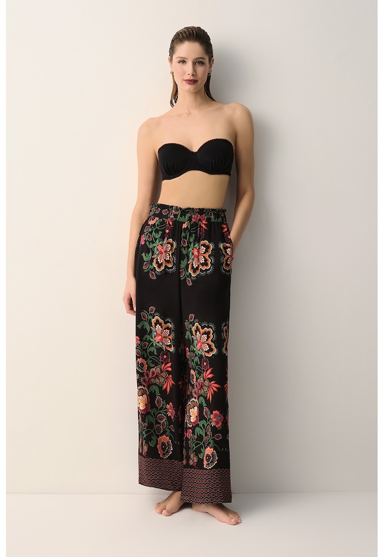Pantaloni cu croiala ampla si model floral pentru plaja - Verde/Negru/Portocaliu mandarina