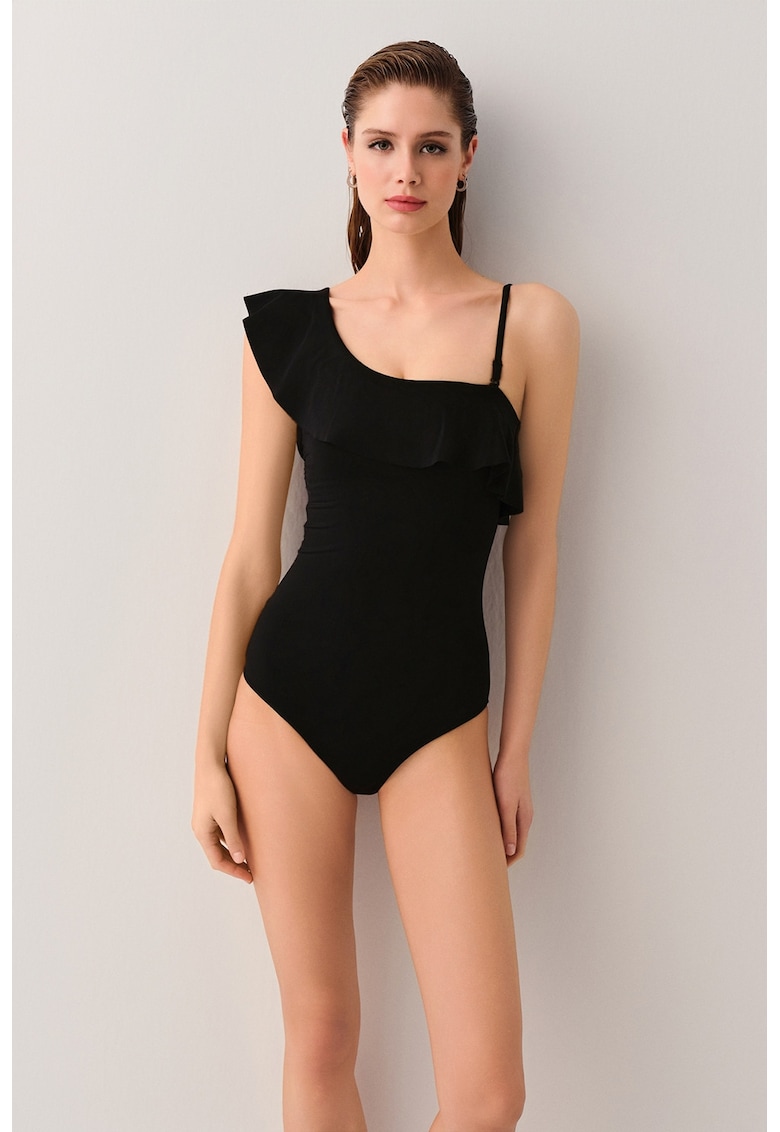 Costum de baie intreg cu volane - Negru