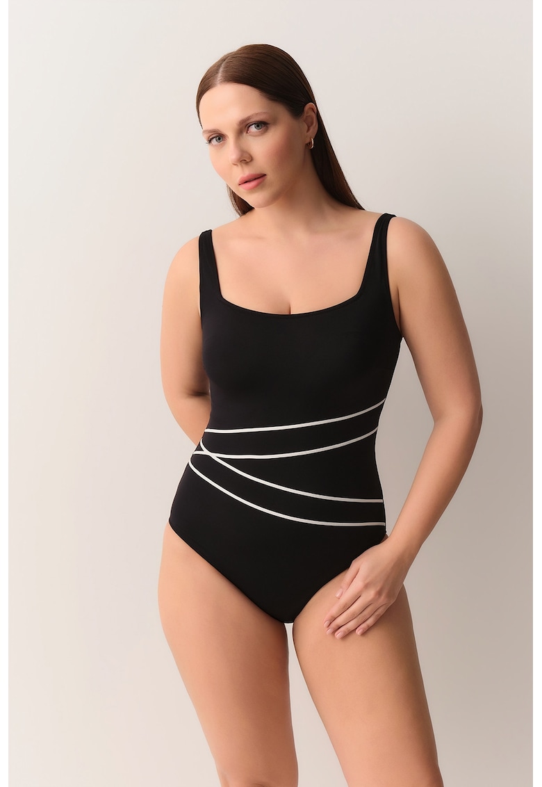 Costum de baie cu decolteu patrat - Alb/Negru