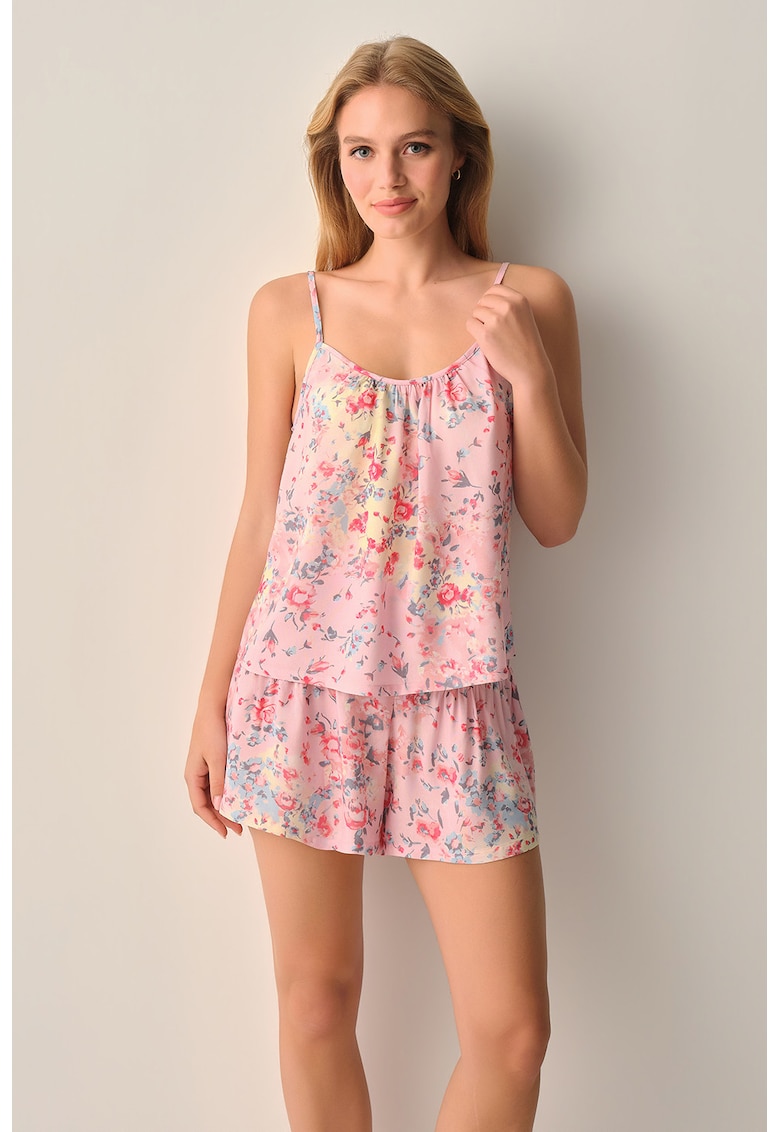 Pijama cu model floral si bretele inguste - Albastru pastel/Roz aprins/Roz pastel/Bej deschis