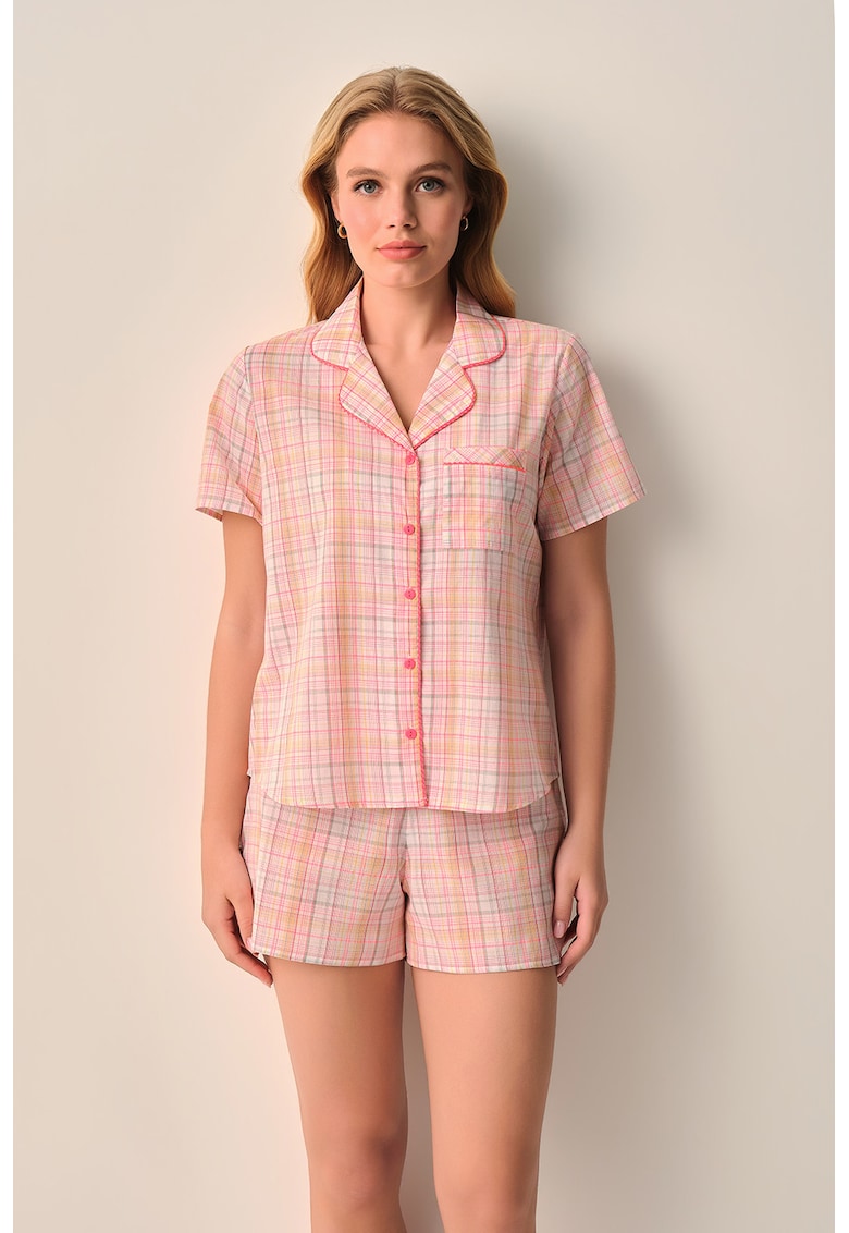 Pijama scurta in carouri cu revere decupate - Alb/Gri deschis/Roz deschis/Roz aprins