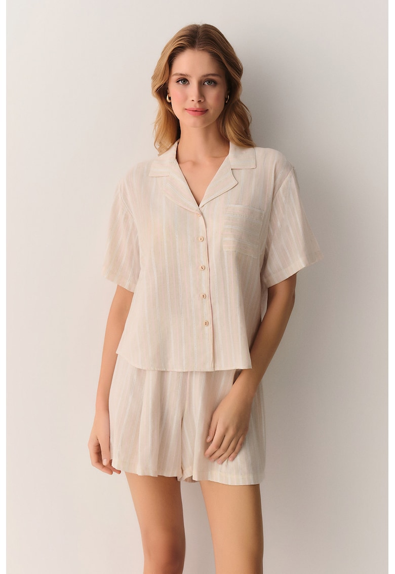 Pijama scurta cu dungi si nasturi - Maro camel/Roz pal/Argintiu