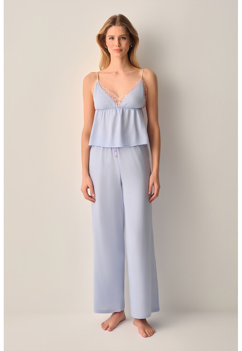 Pijama uni cu insertii de dantela - Bej/Albastru azur/Roz pal