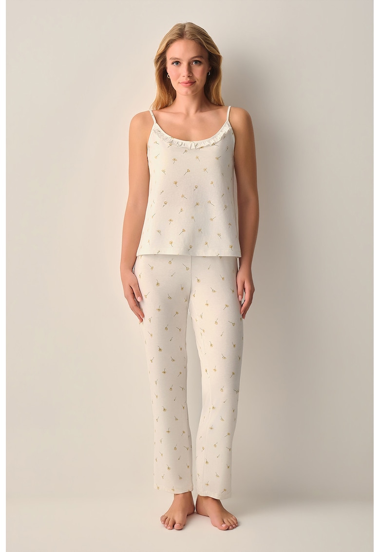 Pijama cu model floral - Alb fildes/Verde sparanghel/Galben mustar