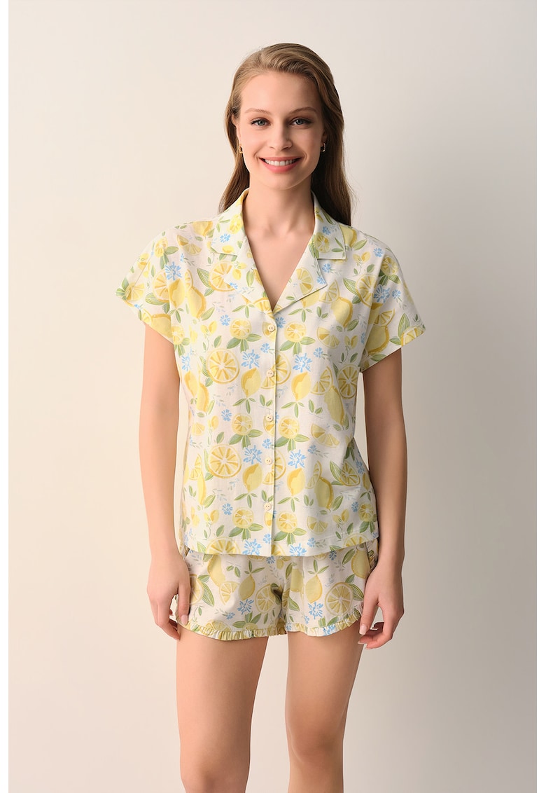 Pijama de bumbac cu model tropical - Alb/Albastru lavanda/Galben pai/Verde aquamarin