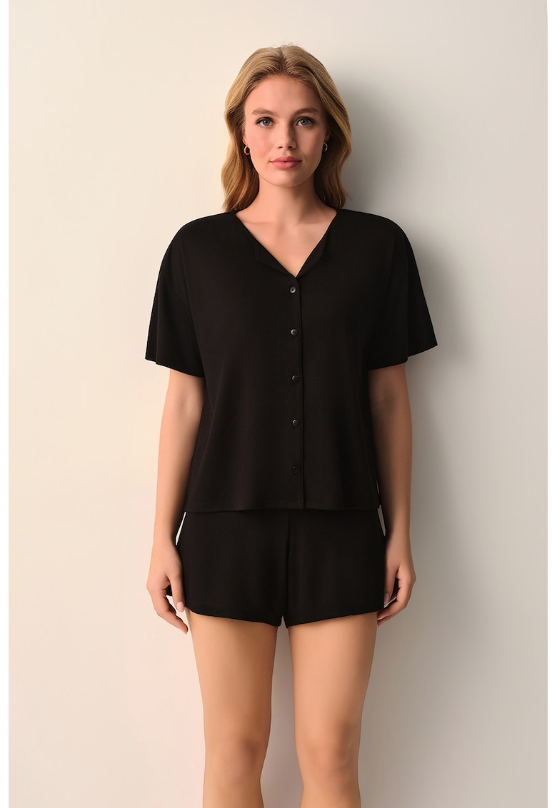 Pijama cu pantaloni scurti si decolteu in V - Negru stins