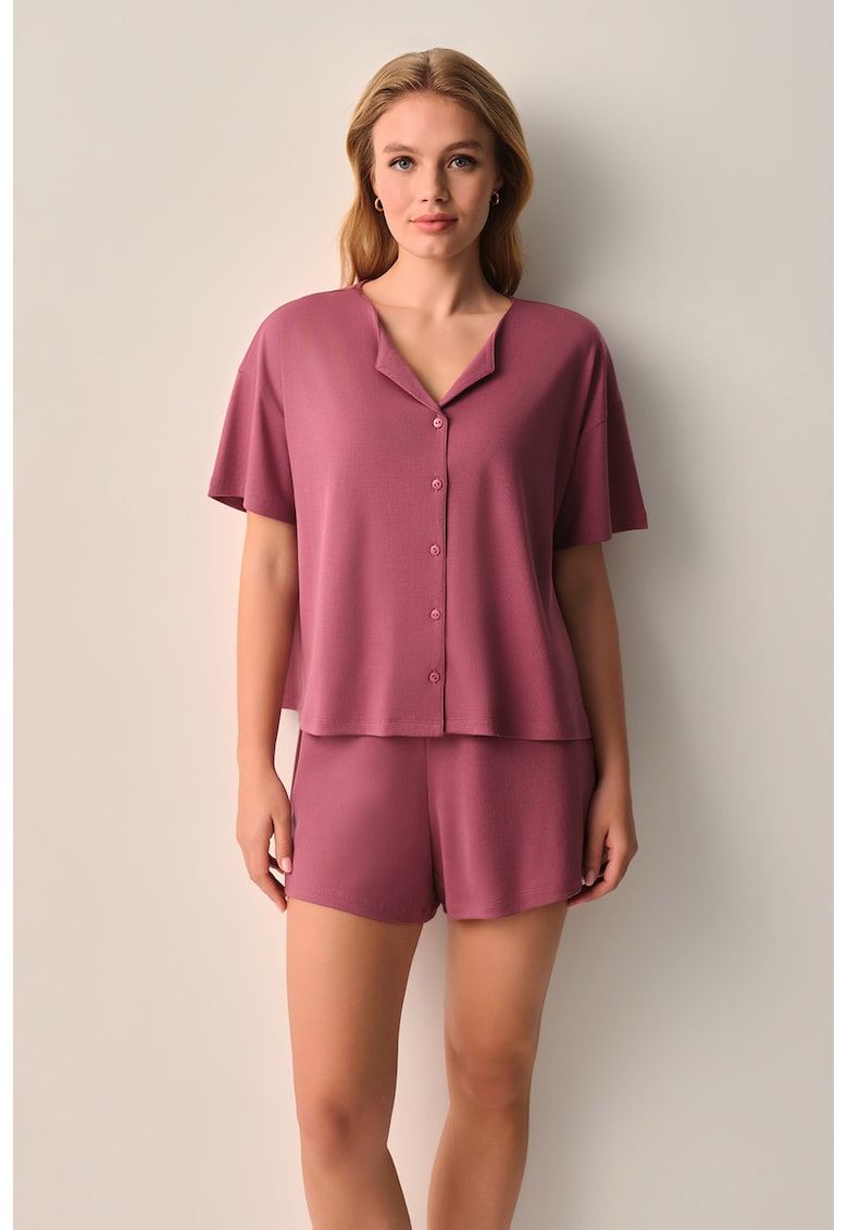 Pijama cu pantaloni scurti si decolteu in V - Roz zmeuriu