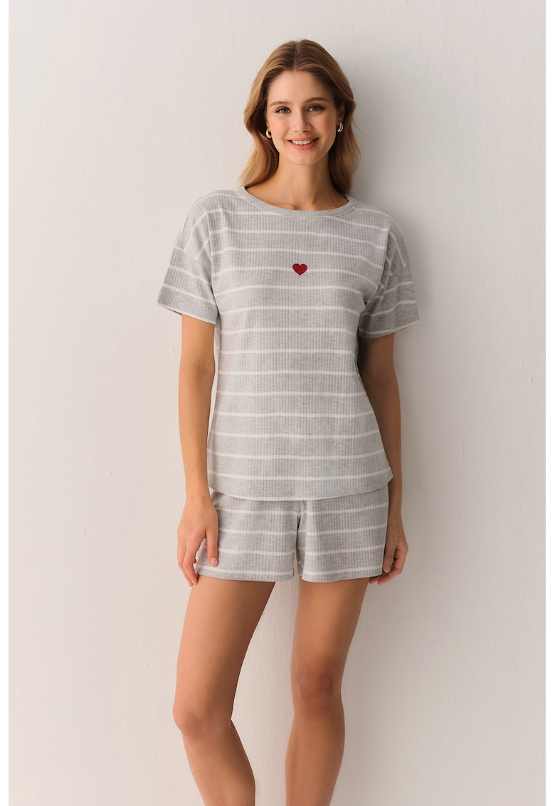 Pijama cu maneci scurte si aspect striat - Alb/Gri deschis/Rosu vermillion