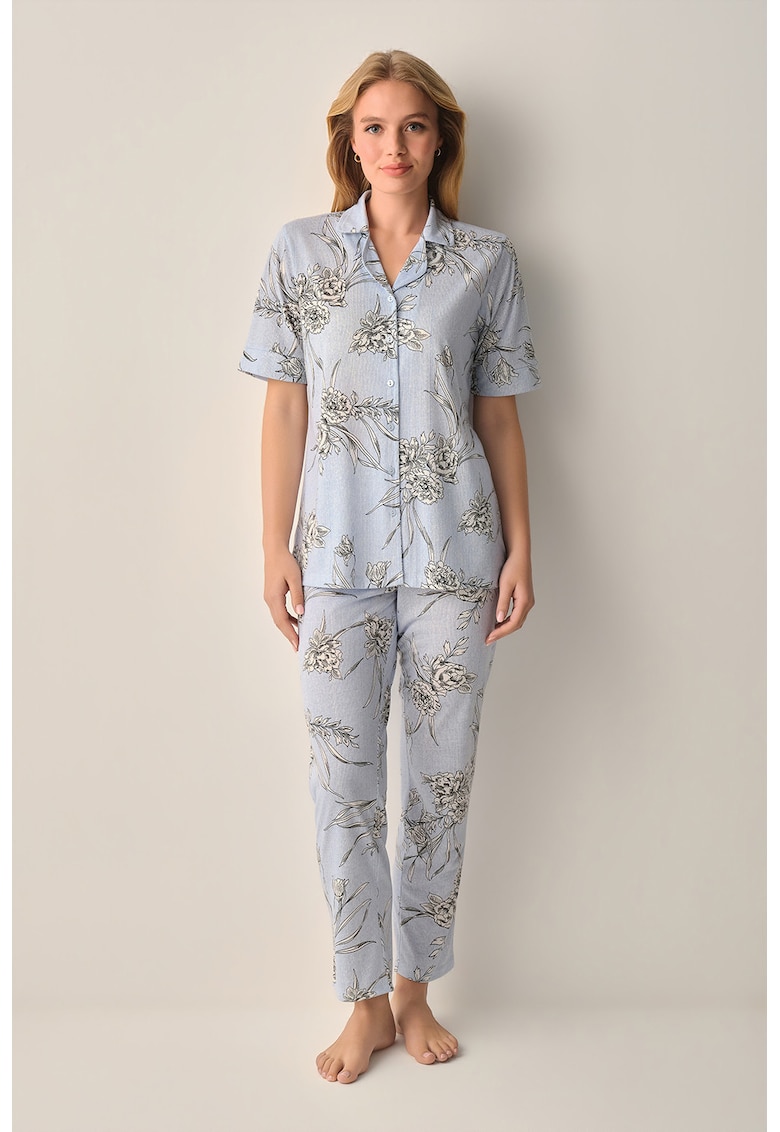 Pijama cu maneci scurte si model floral - Albastru azur/Bej deschis