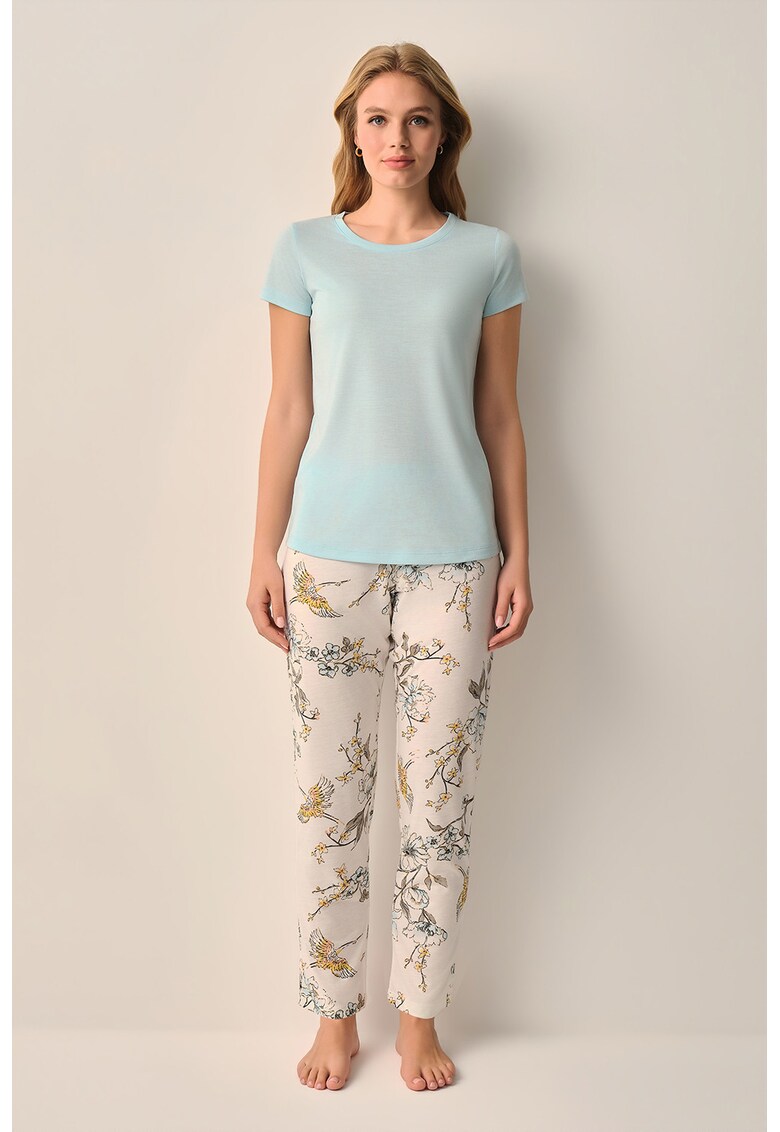 Pijama regular fit cu decolteu rotund - Albastru glaciar