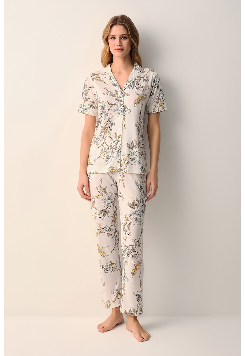 Pijama cu maneci scurte si model floral - Albastru pastel/Maro taupe/Galben sofran/Bej deschis