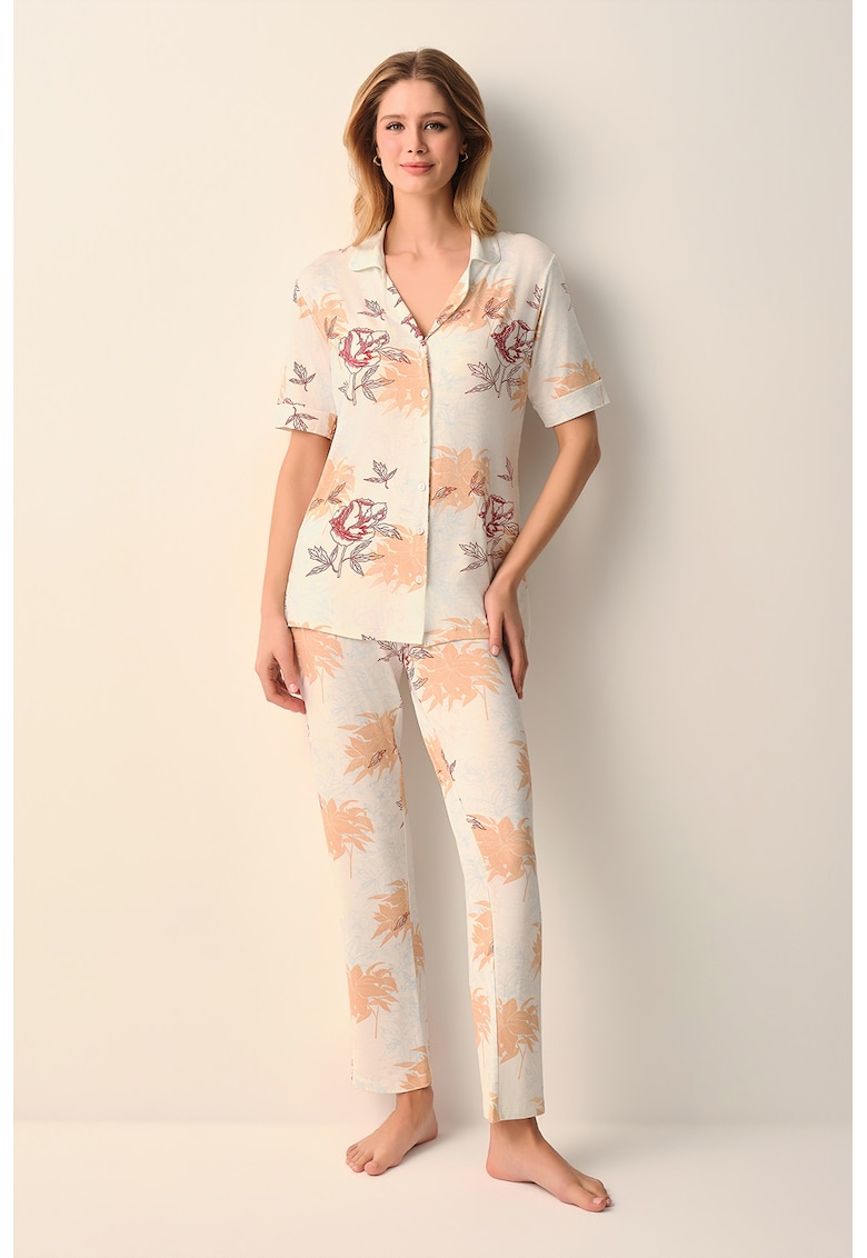 Pijama relaxed fit cu imprimeu floral Holly - Roz zmeuriu/Portocaliu pal/Alb murdar