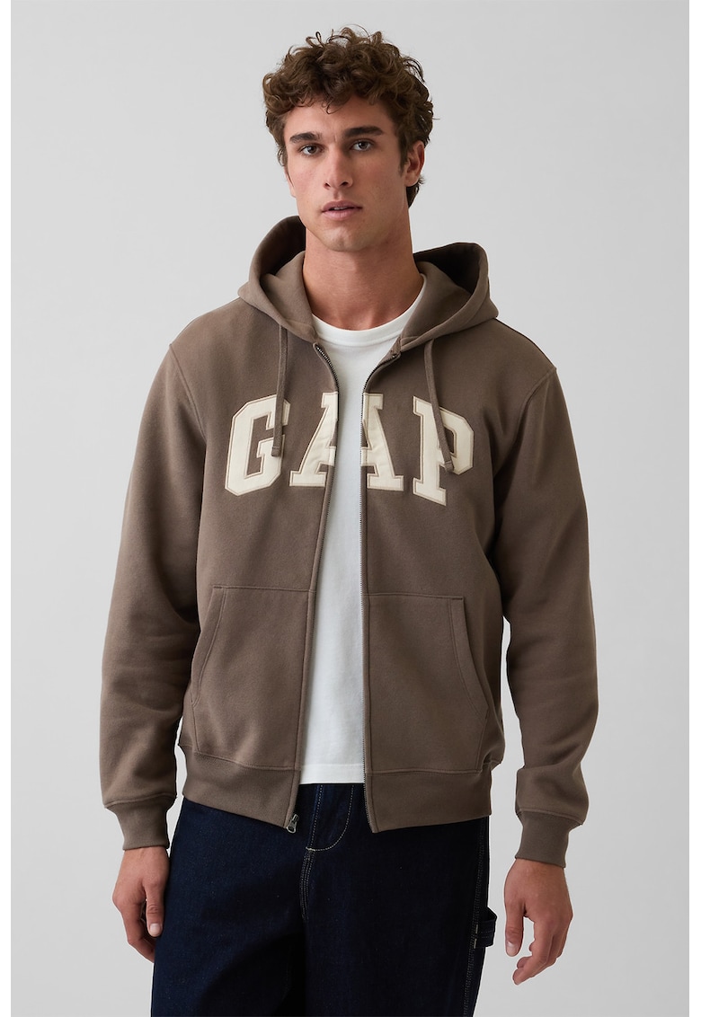 Hanorac unisex cu fermoar si imprimeu logo contrastant - Maro pamantiu