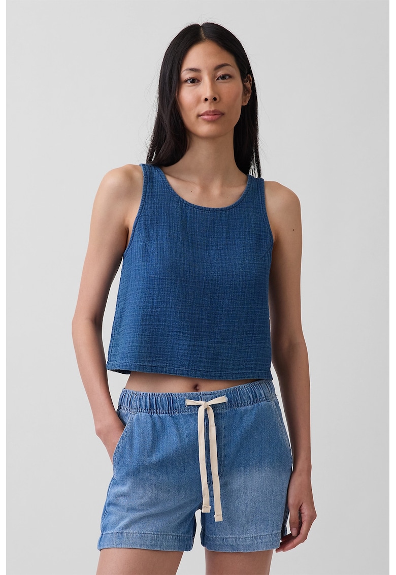 Top crop texturat cu decolteu rotund - Albastru inchis