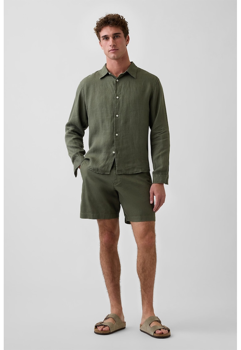 Pantaloni scurti din amestec de in cu buzunare - Verde feriga