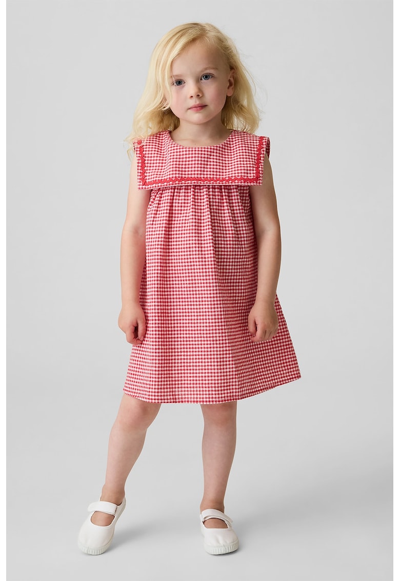 Rochie din amestec de in cu model gingham si guler - Roz pastel