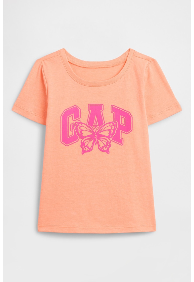 Tricou cu imprimeu logo si decolteu rotund - Portocaliu pal