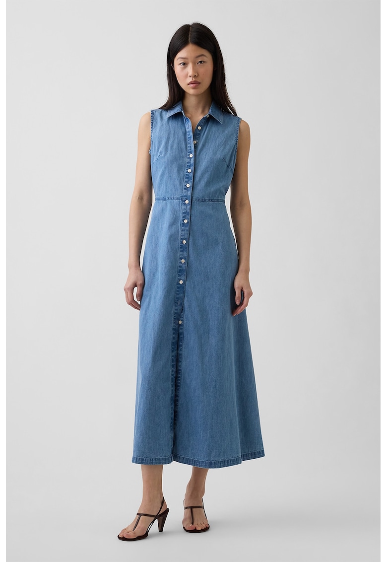 Rochie-camasa de denim fara maneci - Albastru