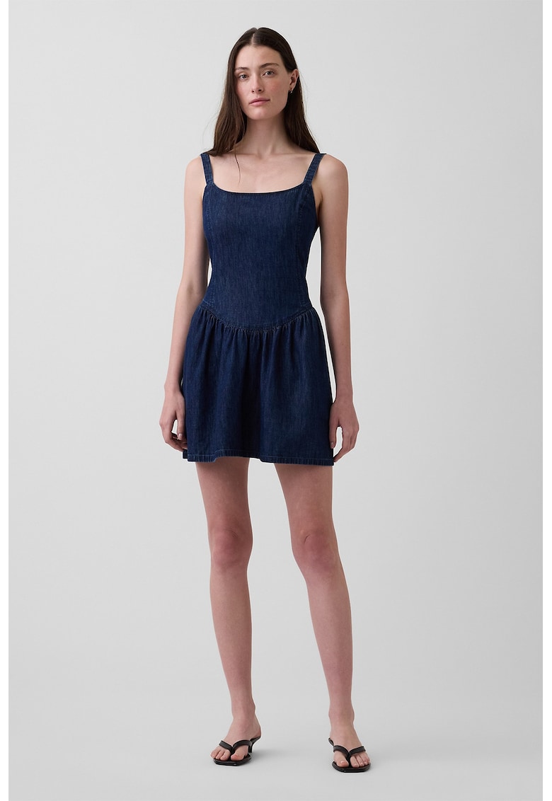 Rochie de denim cu decolteu patrat - Albastru inchis