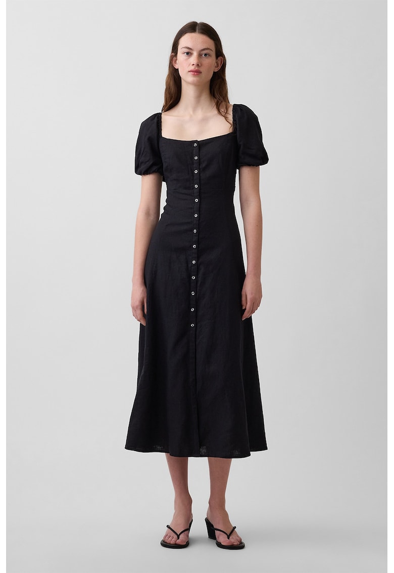 Rochie din amestec de in cu maneci bufante - Negru