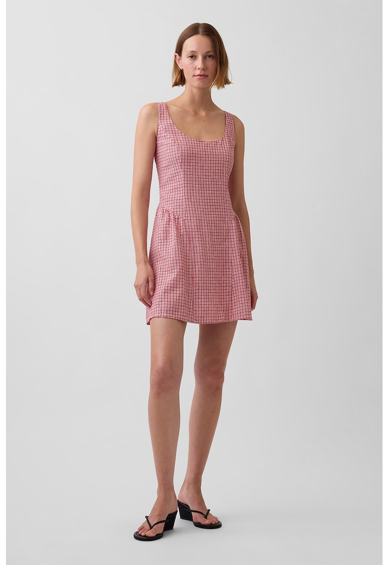 Rochie din amestec de in in carouri - Coral/Alb optic