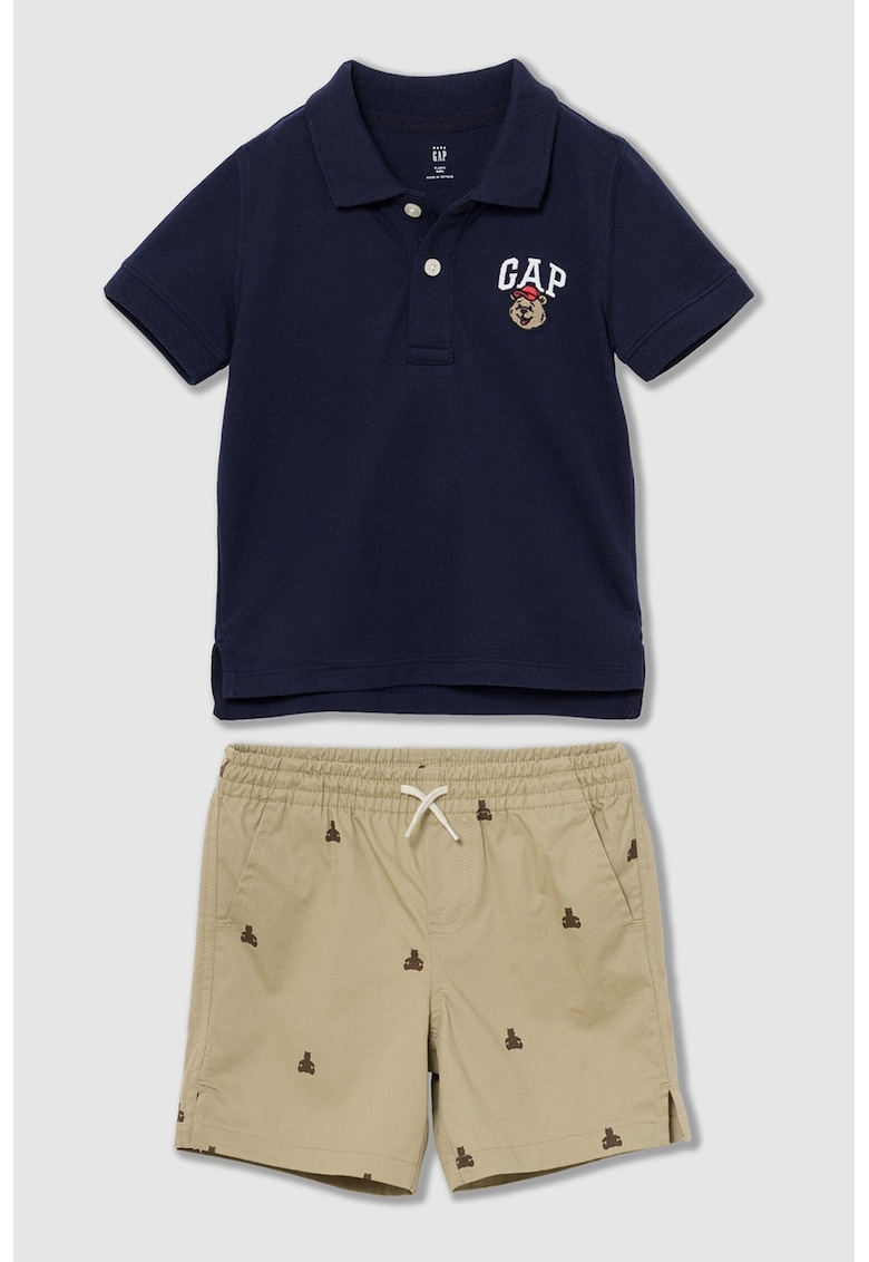 Set de bermude si tricou cu guler polo - Bej deschis/Bleumarin