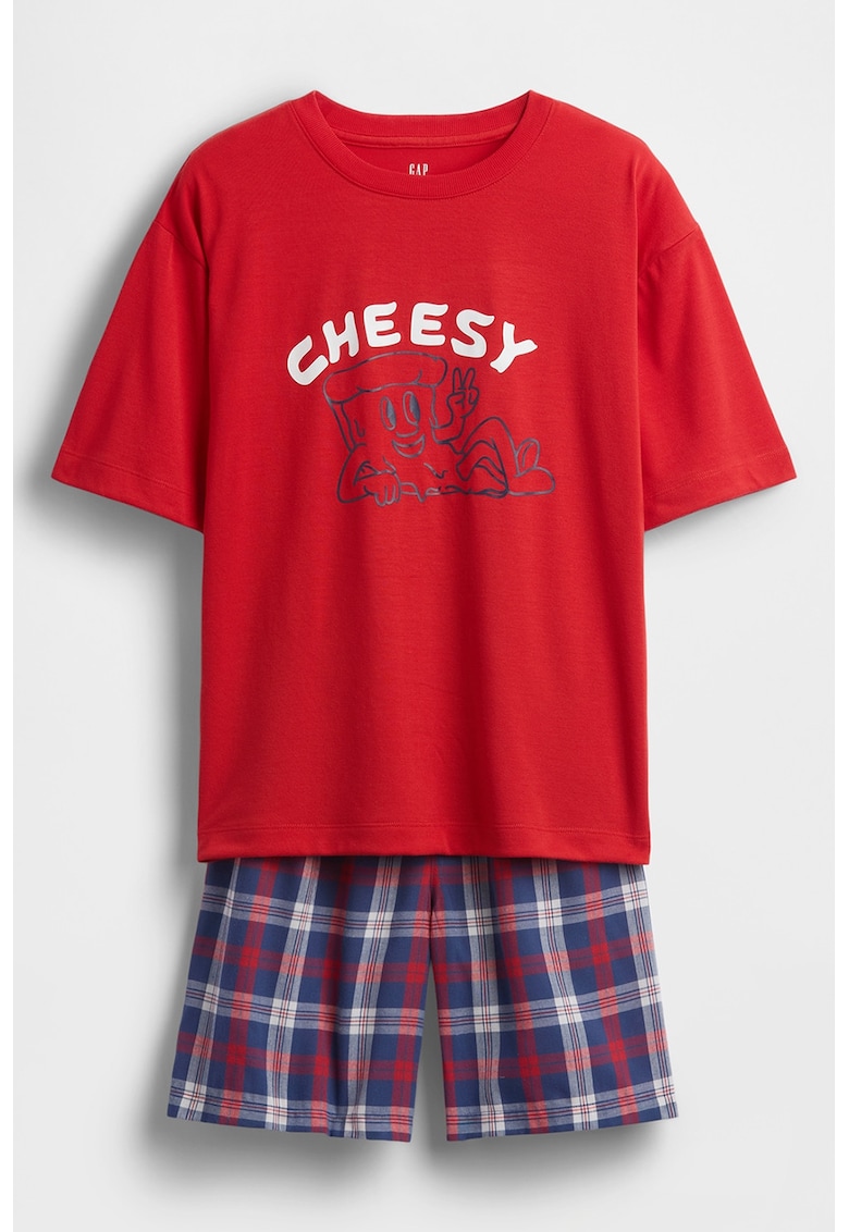 Pijama scurta cu imprimeu text - Rosu/Albastru inchis