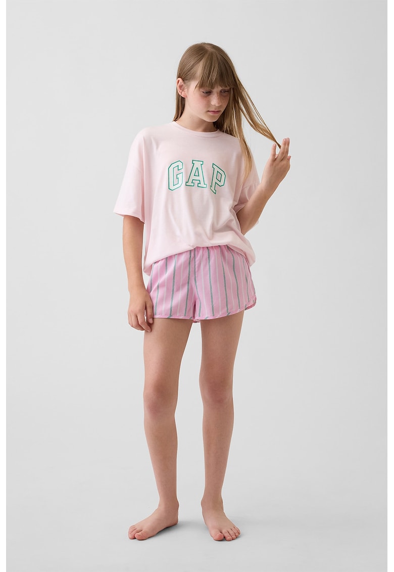 Pijama scurta cu imprimeu logo - Roz pastel