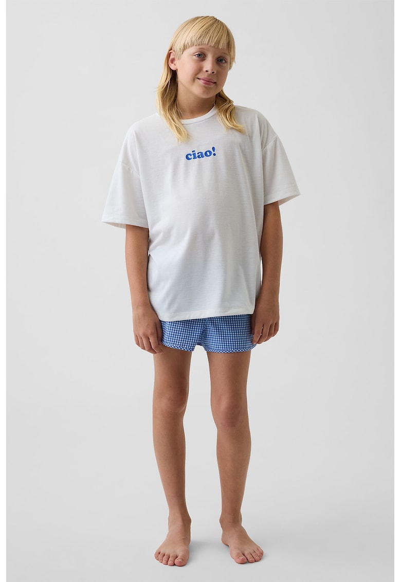 Pijama scurta lejera cu decolteu la baza gatului - Albastru royal/Alb optic