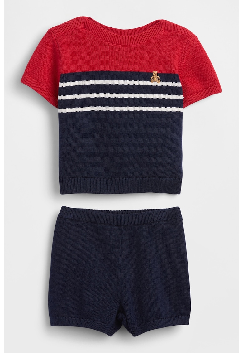 Set de tricou cu model colorblock si pantaloni scurti - 2 piese - Rosu/Bleumarin