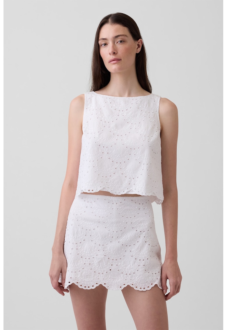 Top crop cu broderie - Alb murdar