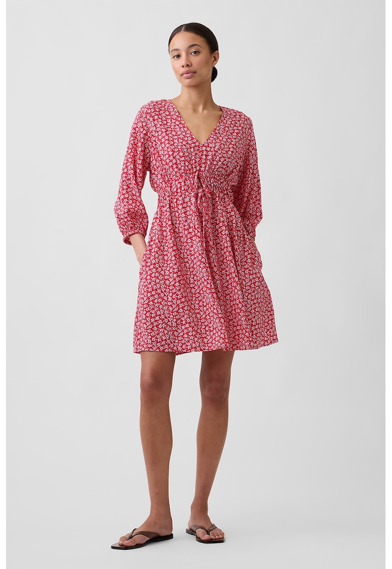 Rochie cu decolteu in V - model floral si buzunare - Rosu/Alb optic