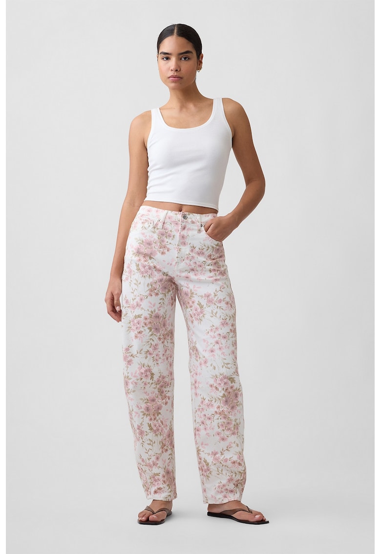 Blugi cu croiala barrel si model floral - Roz pastel/Alb murdar