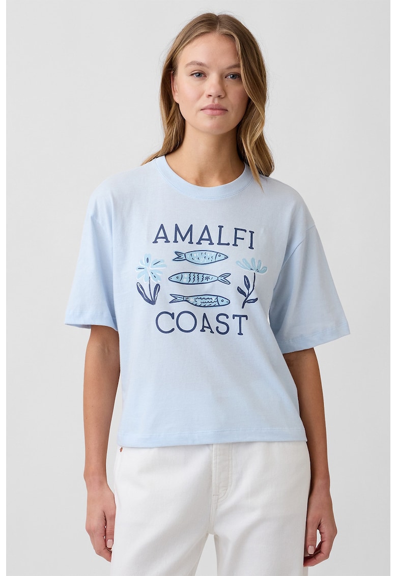 Tricou cu model si decolteu la baza gatului - Albastru pastel