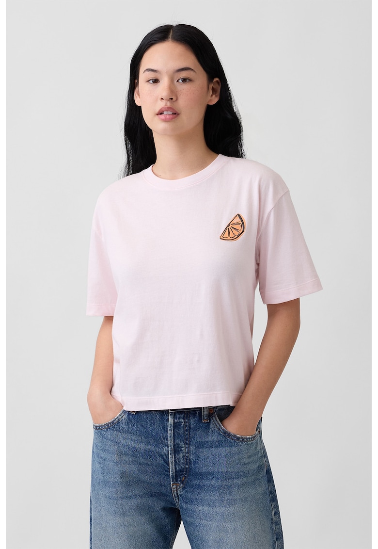 Tricou cu model si decolteu la baza gatului - Roz pastel