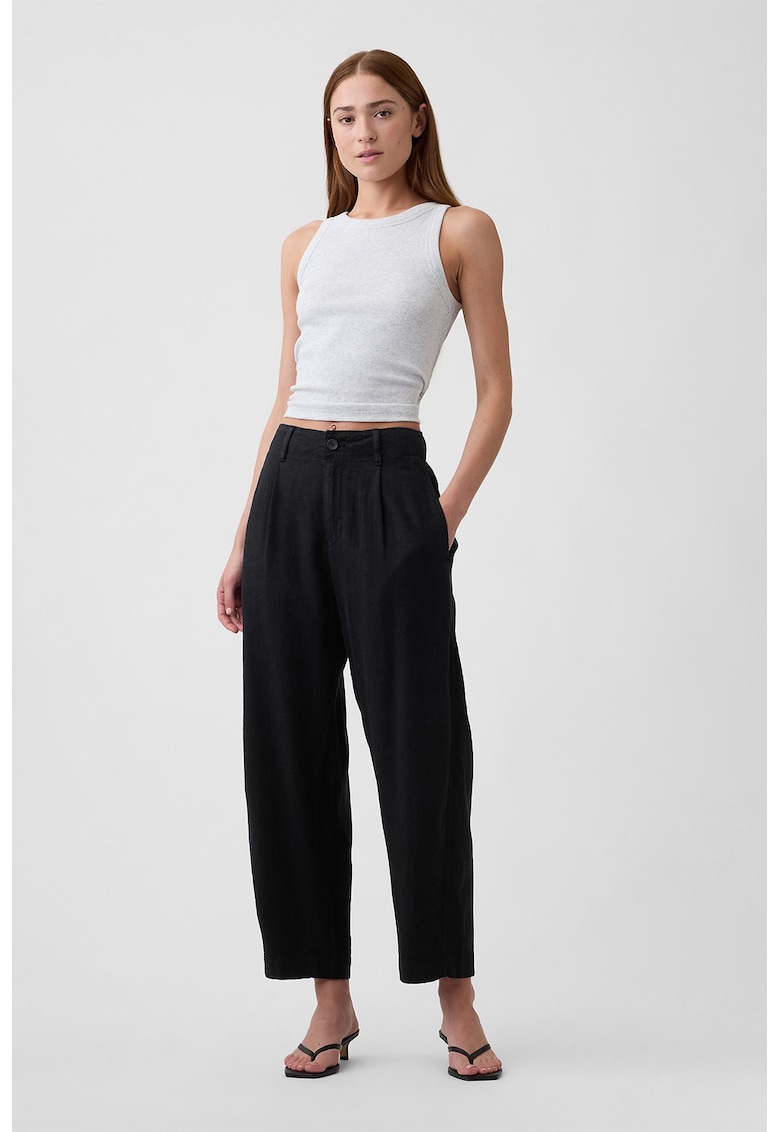 Pantaloni din amestec de in cu croiala barrel si talie inalta - Negru