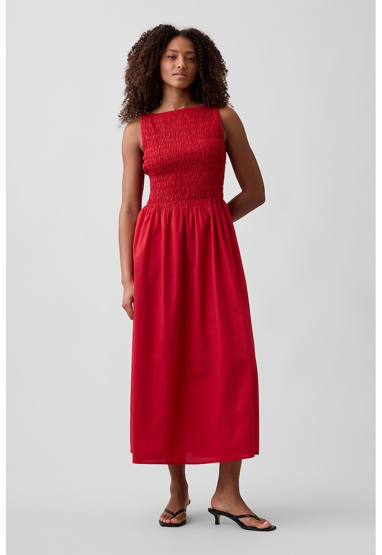 Rochie lunga si evazata cu insertie elastica - Rosu