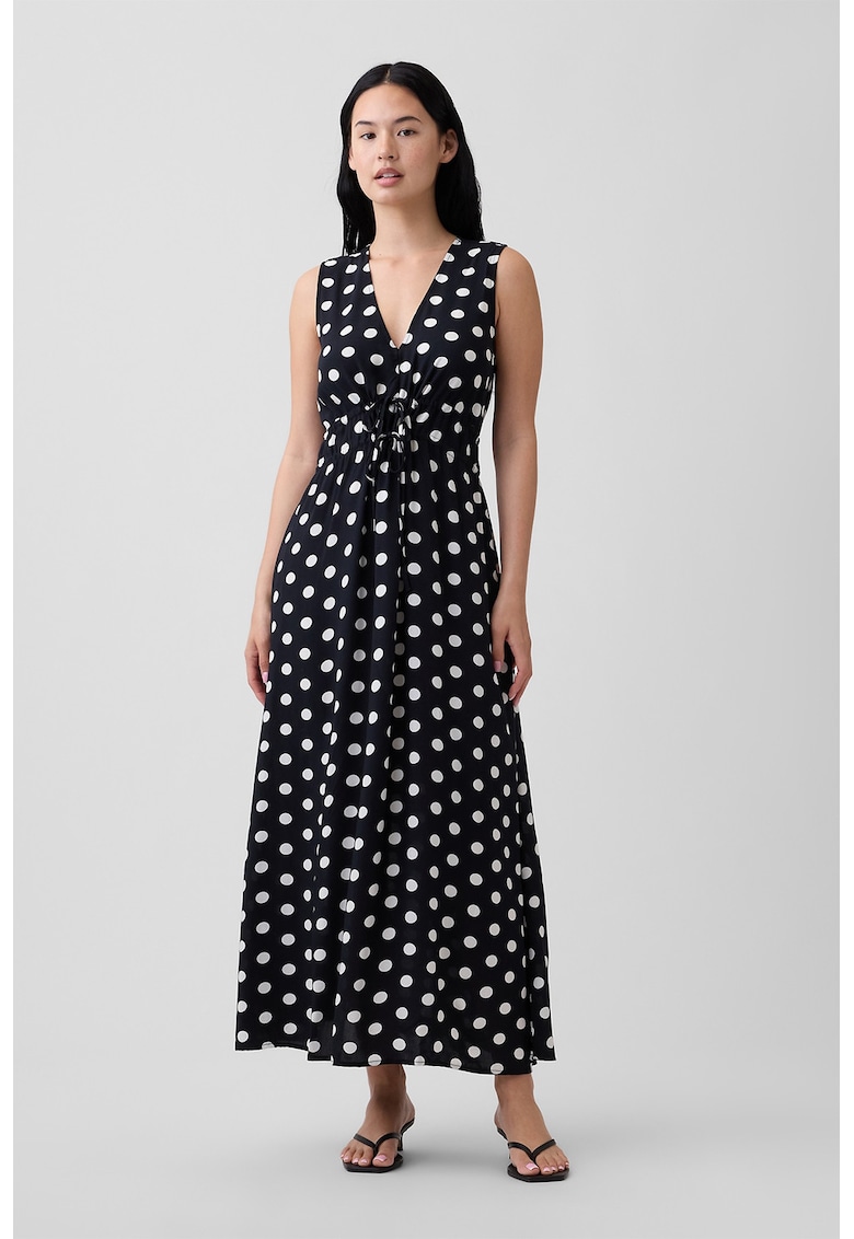 Rochie lunga cu model cu buline si decolteu in V - Negru/Alb optic