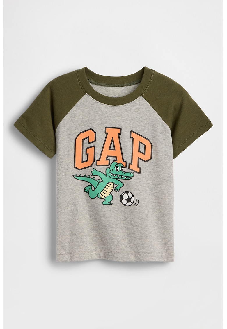 Tricou din bumbac cu imprimeu grafic si logo - Verde masliniu/Gri deschis melange