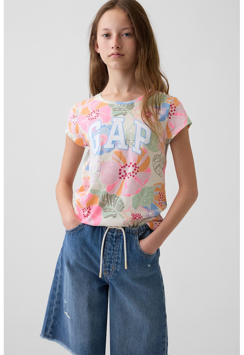Tricou din bumbac cu model floral si logo - Multicolor